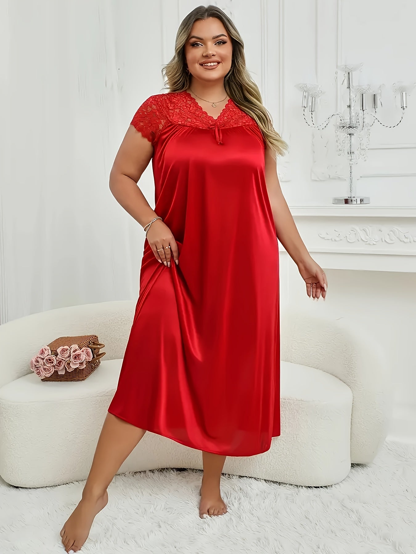Women V-Neck Long Dress Set, Solid Colors, Plus Size Lounge Sleepwear