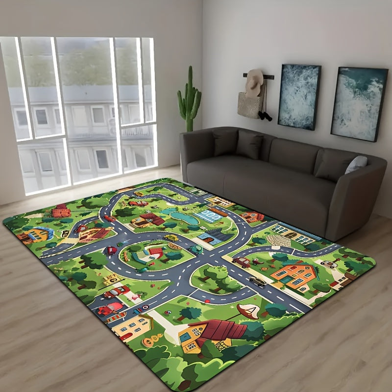 Alfombra de diseño de pueblo de dibujos animados verdes para habitaciones infantiles y espacios de estar