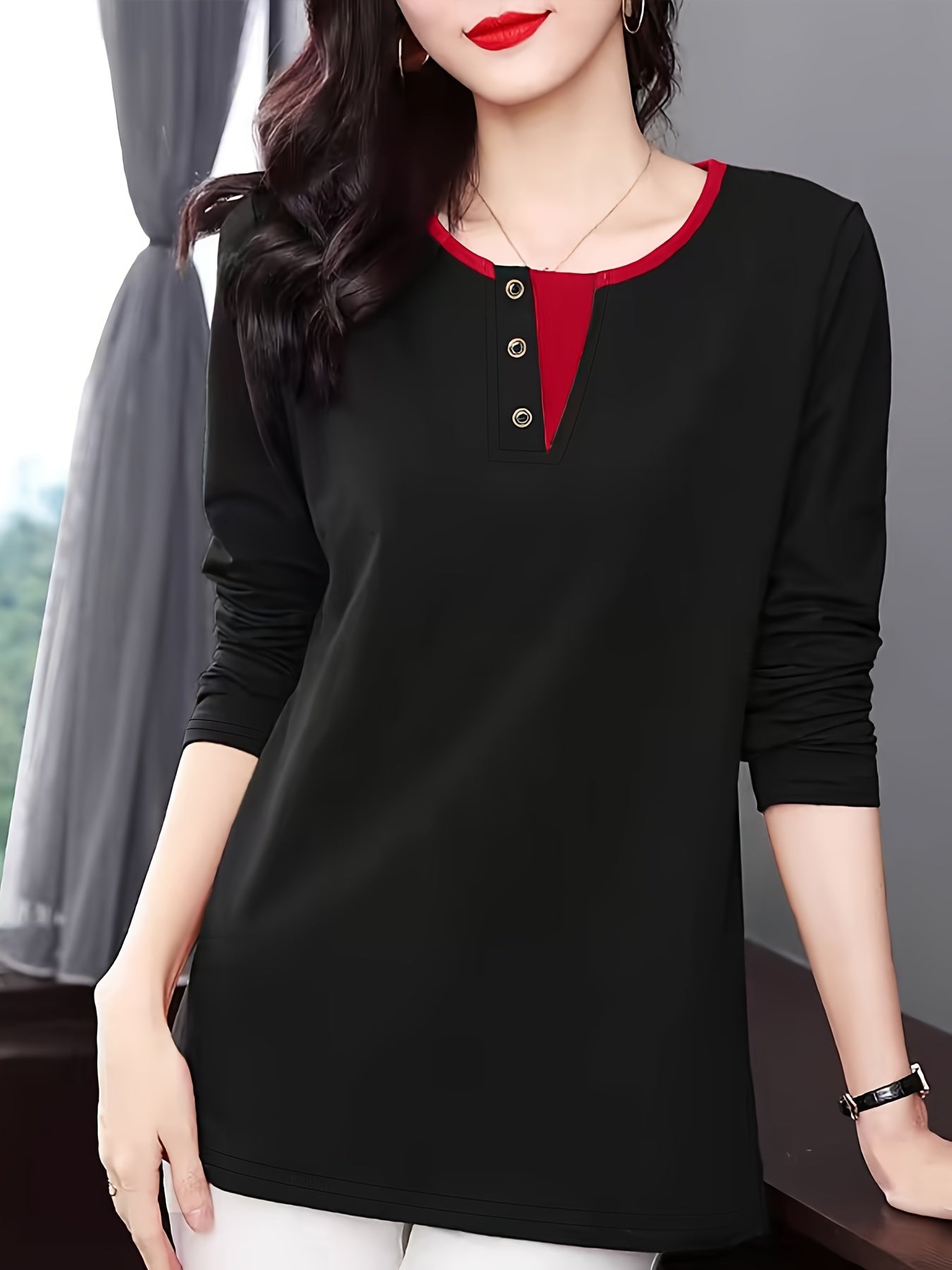 Deep Brown Long Sleeve T-Shirt for Women with Contrast Trim and Faux Button Detail Polyester Blend Spring Summer Elegant Korean Style