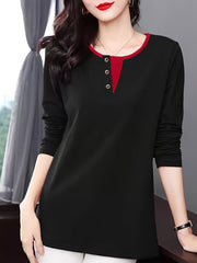 Deep Brown Long Sleeve T-Shirt for Women with Contrast Trim and Faux Button Detail Polyester Blend Spring Summer Elegant Korean Style