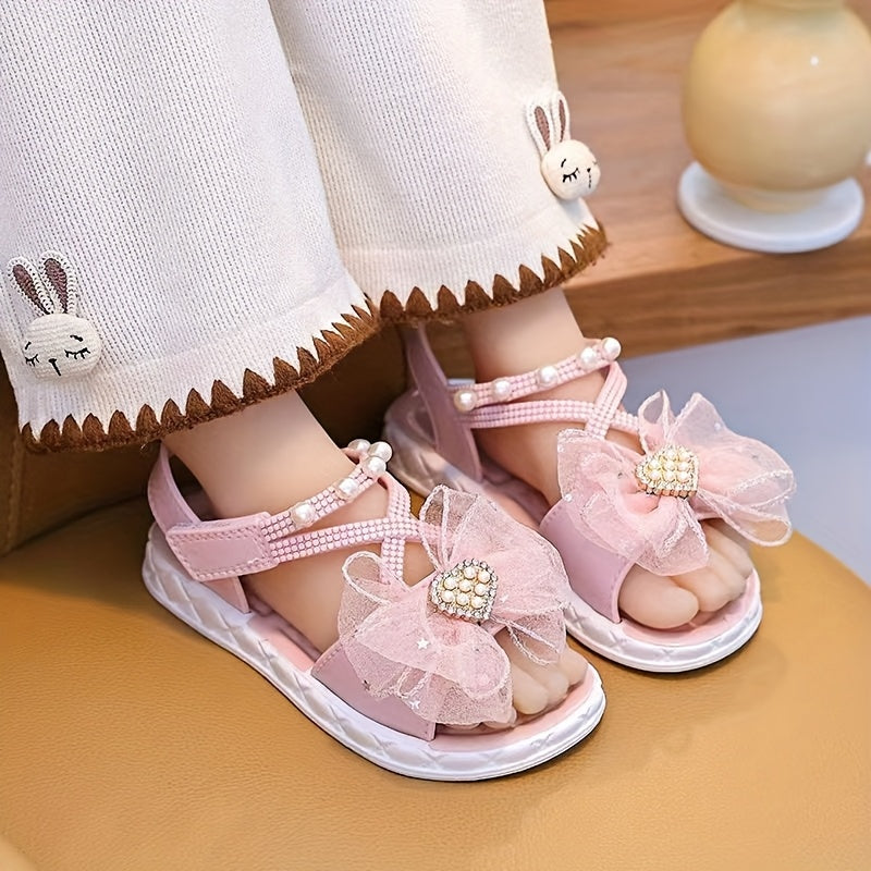 Toddler Girls Princess Sandals Beaded Hearts Star Pattern PVC Flat Sole Adjustable Strap Pink Beige
