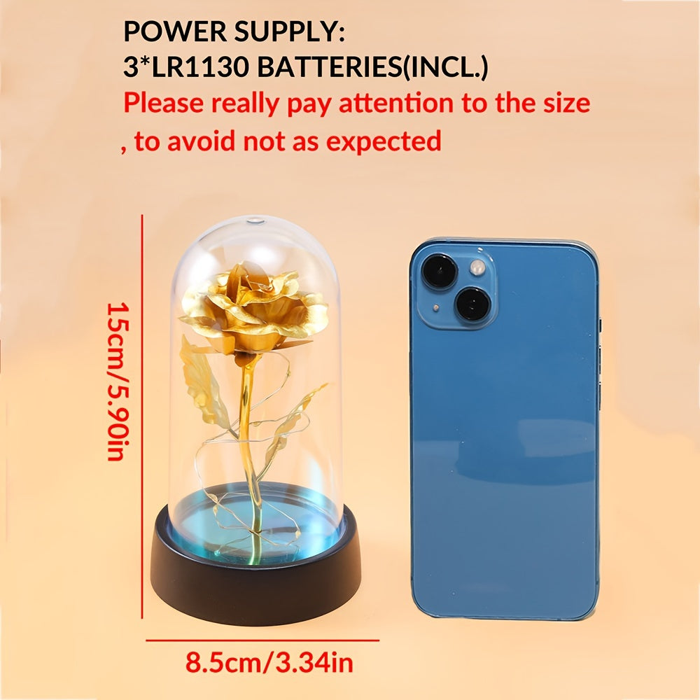 Oltin folga ro'za dizayni bilan LED gullar kechasi chirog'i, stolda joylashadigan lampochka, o'zgaruvchan nazorat bilan, yotoqxona bezatish uchun batareya bilan ishlaydi. 1 ta qayta zaryadlanmaydigan tugma batareyasi kiradi.