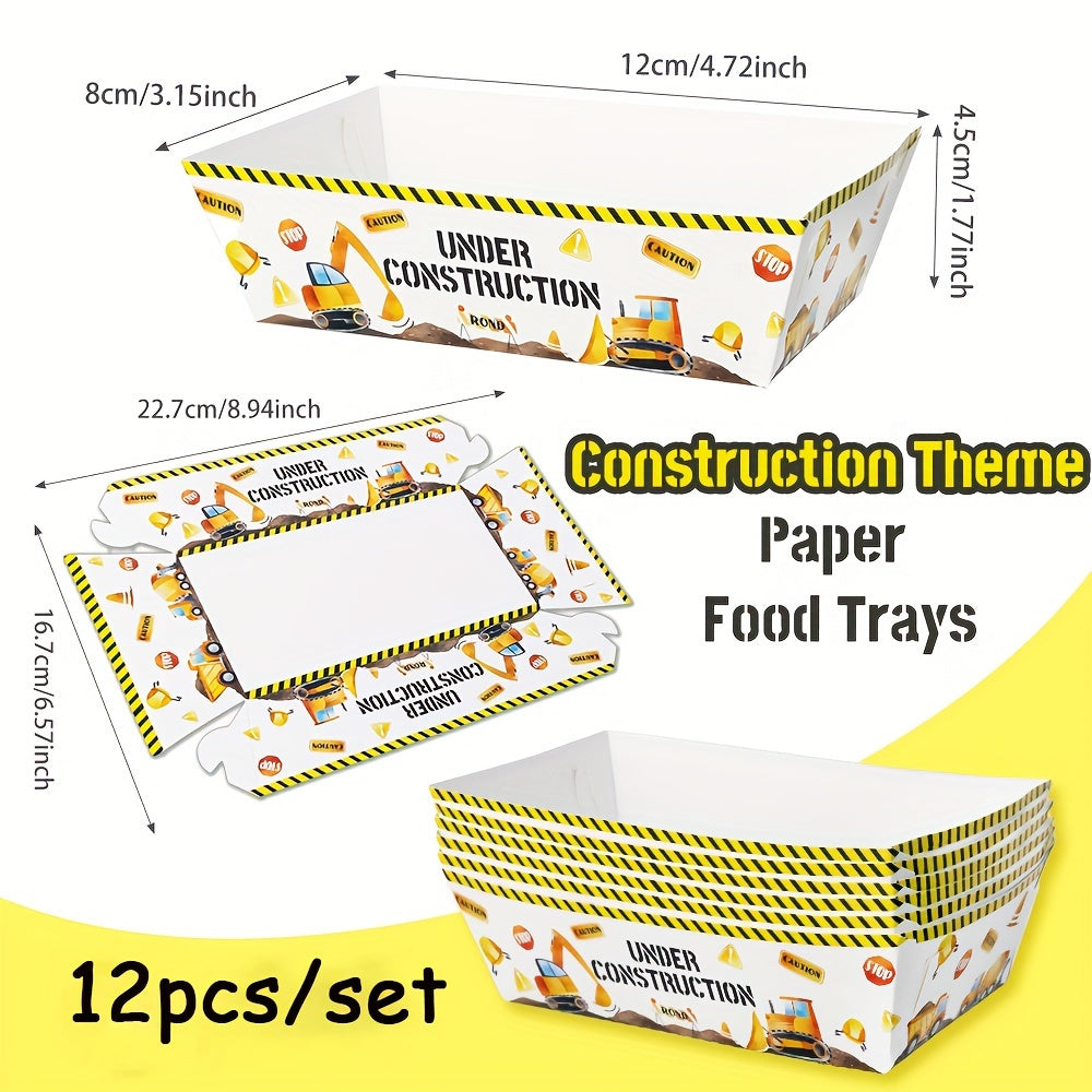 Qurilish mavzusidagi oziq-ovqat plastinkalari to'plami 6 yoki 12 ta, ekskavator va buldozer tasvirlari bilan, partiyalar va yengil ovqatlar uchun