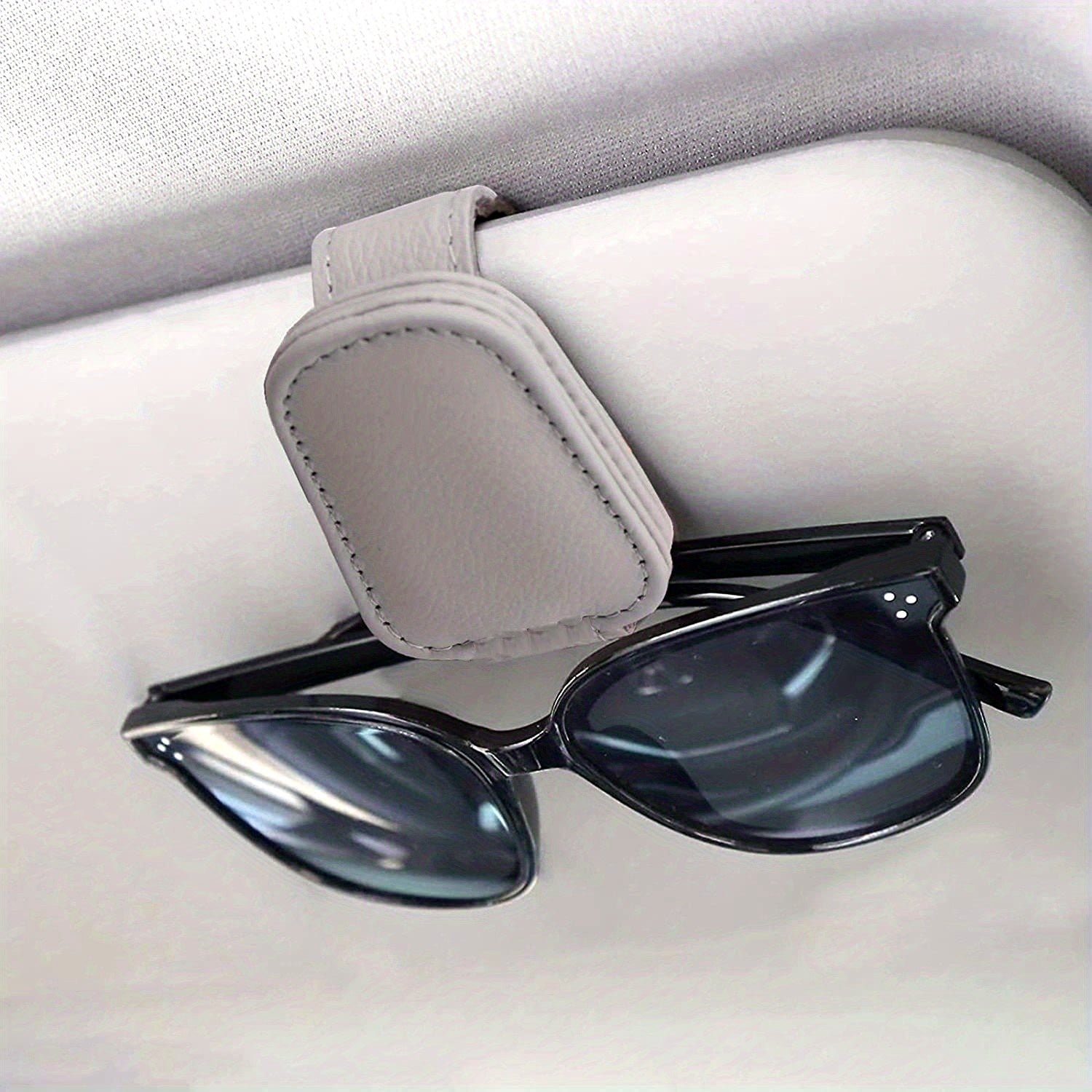 Visor de coche de imitación cuero universal, clip organizador para gafas de sol