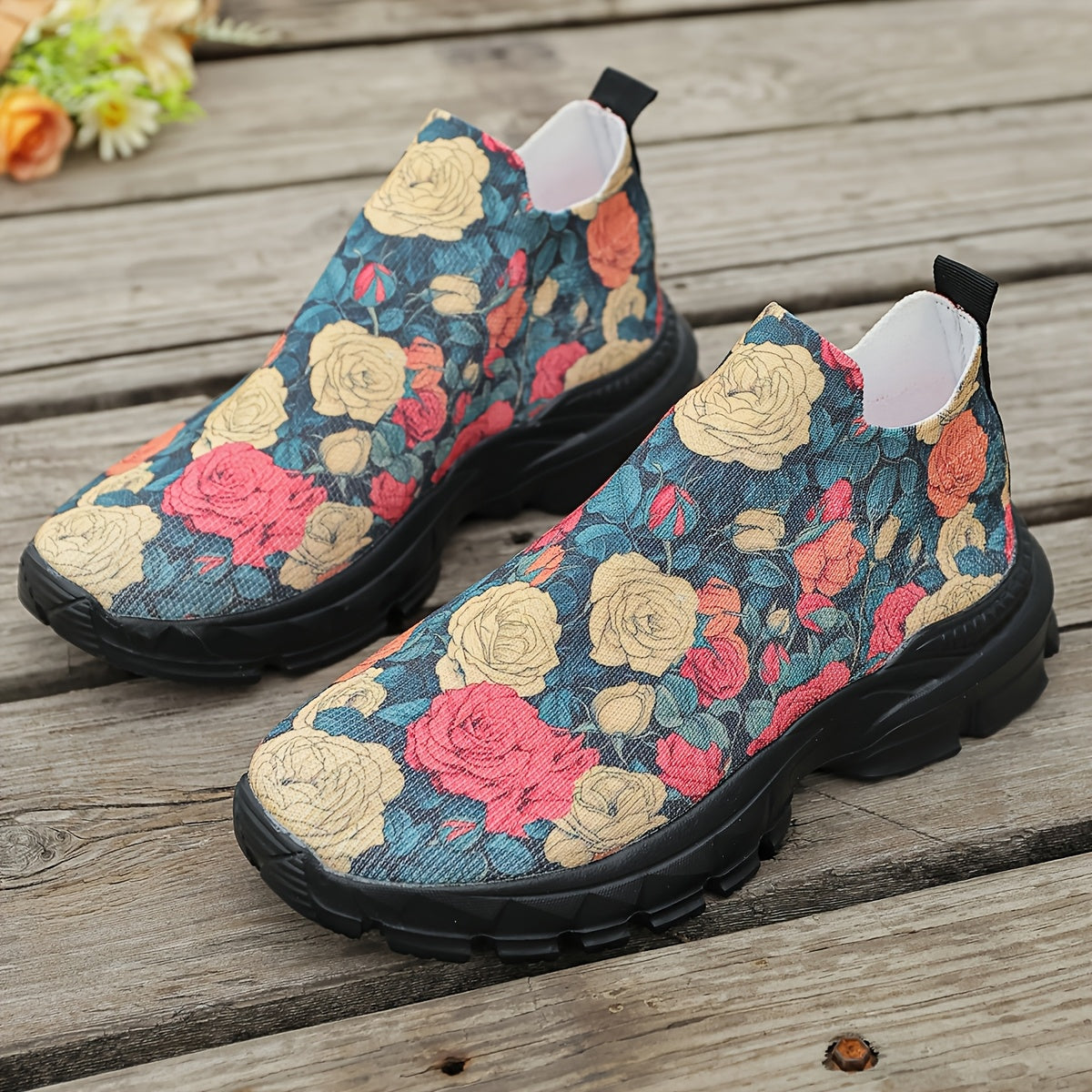 Women's Floral Print Slip-On Sneakers | Lightweight Breathable Fabric, Red Roses