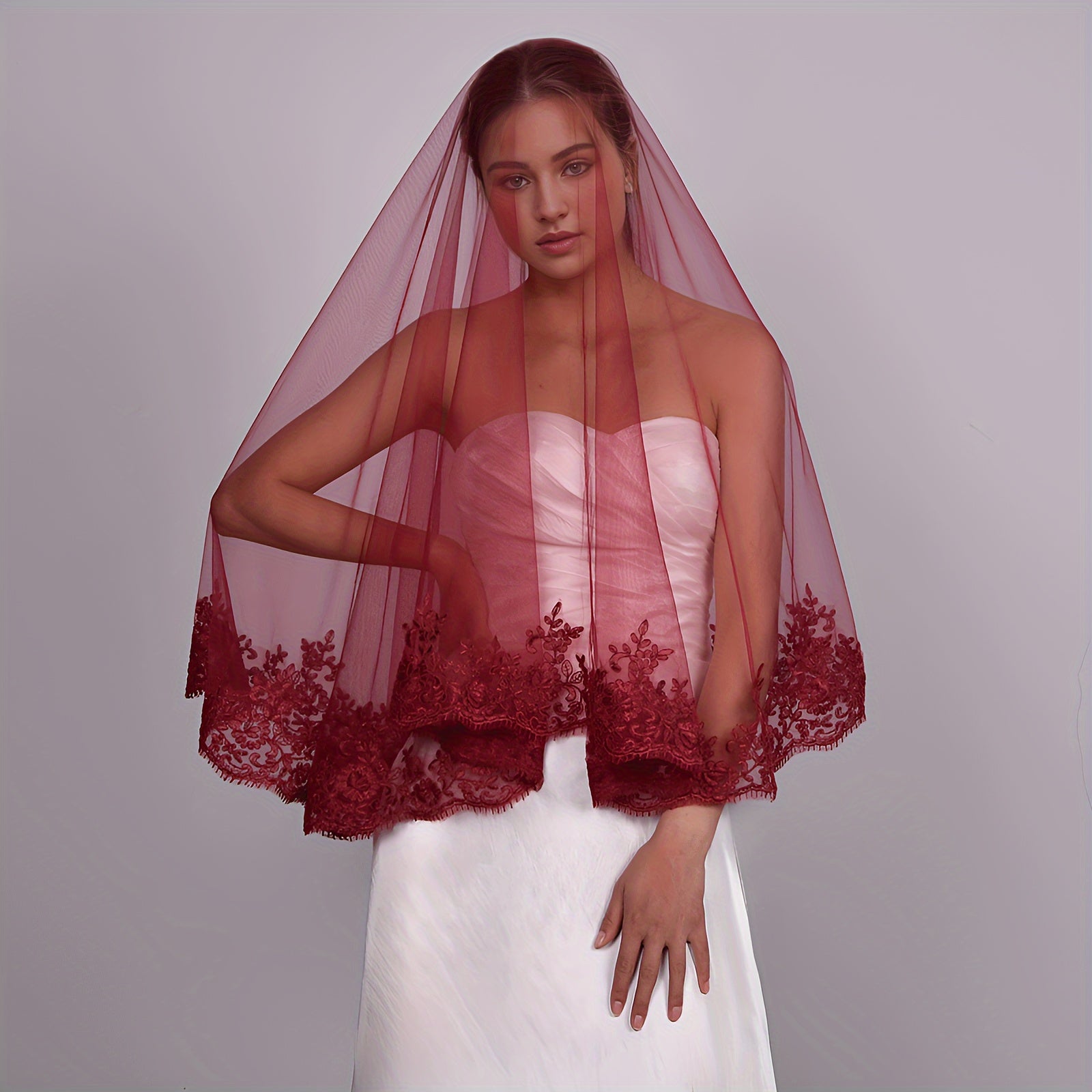 Red Lace Bridal Veil Short Single-Layer Nylon Face Covering for Weddings and Celebrations