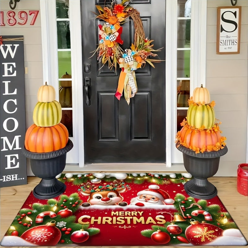 Red Flannel Christmas Door Mat Non-Slip Santa Reindeer Pattern Thickened Sponge