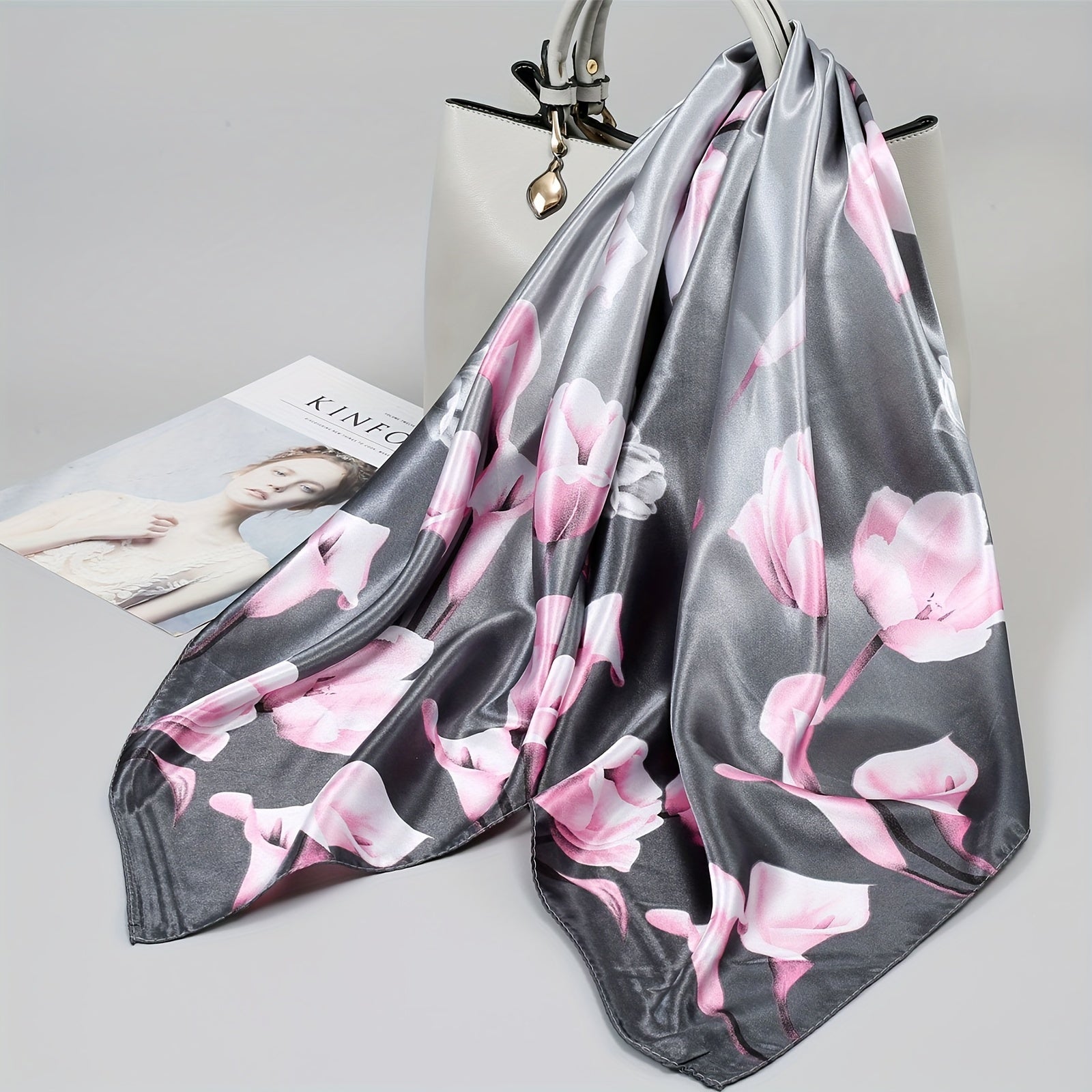 Blue Floral Print Square Scarf Women Lightweight Windproof Sun Protection Casual