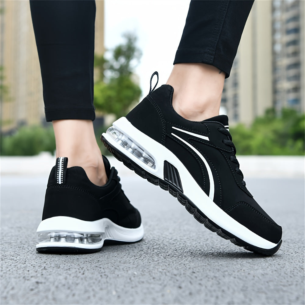 Women's Black Synthetic Leather Casual Sneakers with Air Cushion Support for All Seasons