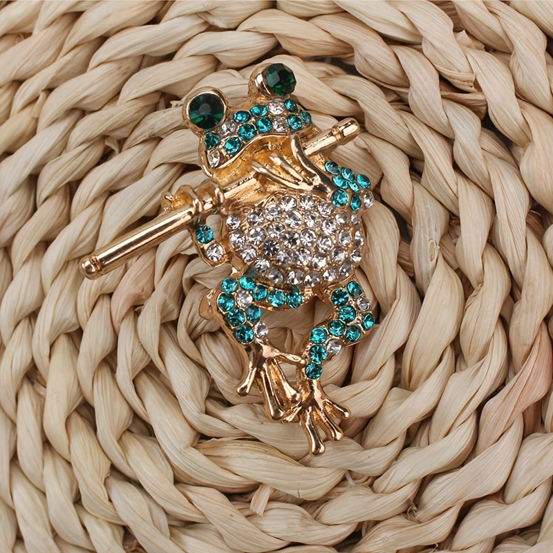 Women's Rhinestone Frog Brooch with Flute Jewelry Accessory