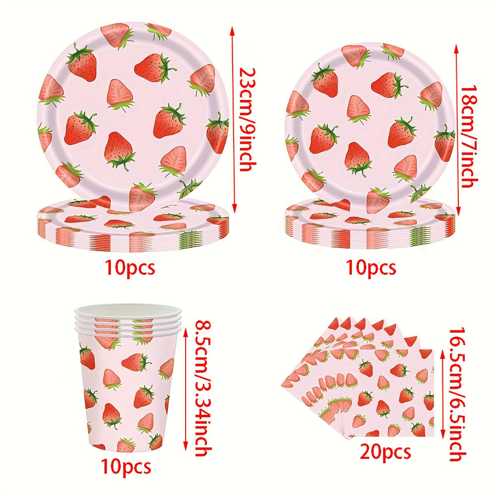 10-Donali qulupnay partiyasi uchun taqdimotlar to'plami, qog'oz plitalar, stakanlar, salfetkalar, tug'ilgan kunlar va yozgi bayramlar uchun