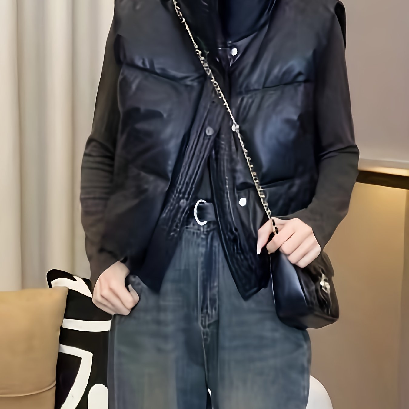 Women's Winter Sleeveless Flared Vest with Zipper and Drawstring in Solid Polyester