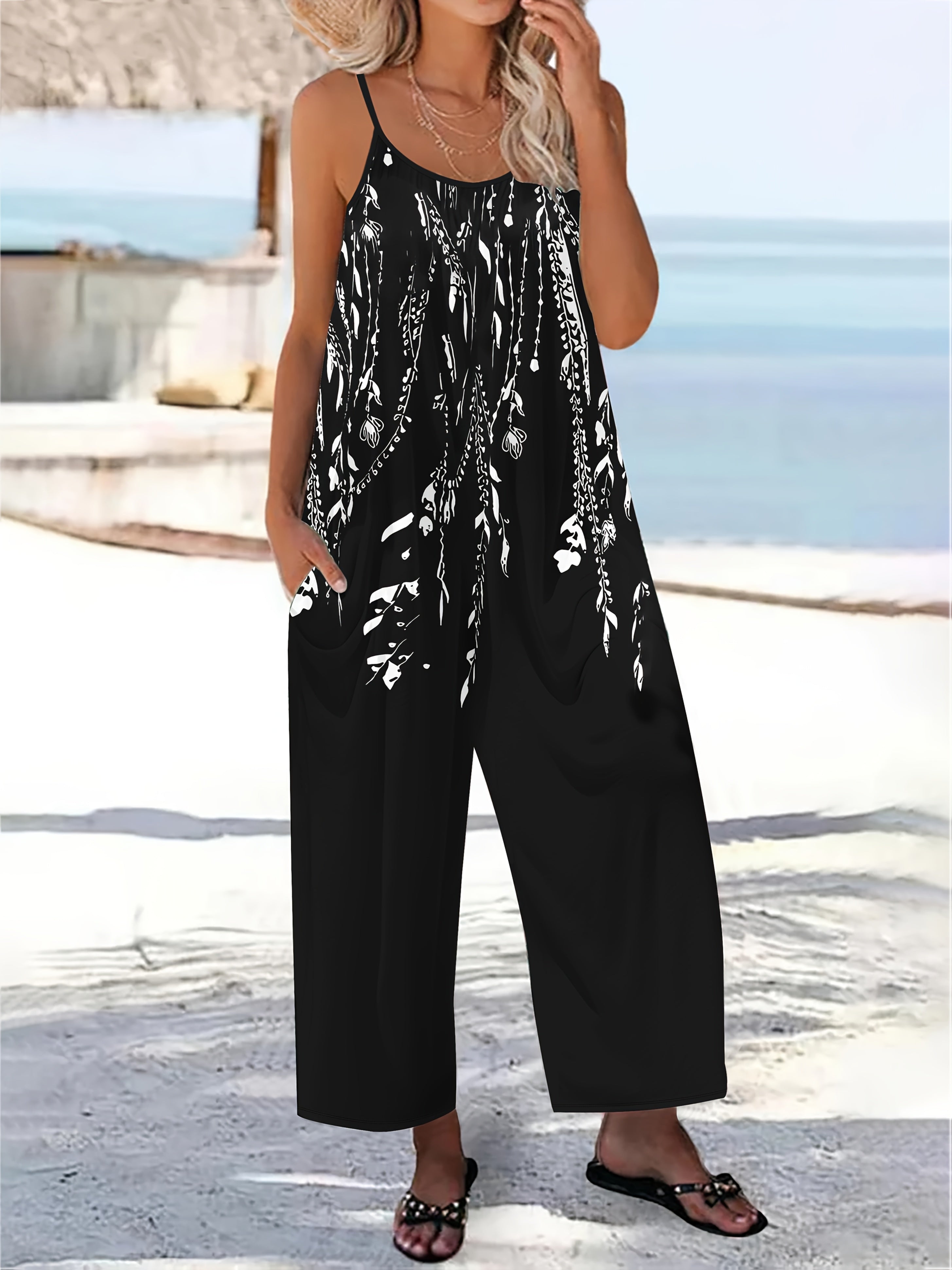 Women's Sleeveless Geometric Print Jumpsuit with Pockets and Spaghetti Straps