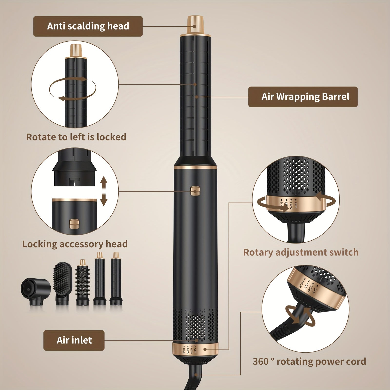 5in1 Hot Air Brush Hair Dryer Styler with 110000 RPM Motor EU Plug