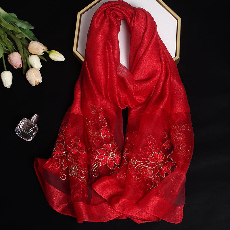 Silk and Wool Embroidery Scarf for Women Floral Long Outerwear