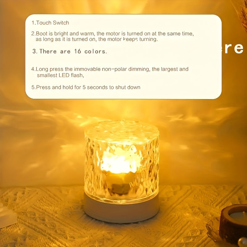 Luz nocturna LED recargable por USB con efecto de ondas de agua, control remoto táctil, brillo y color ajustables