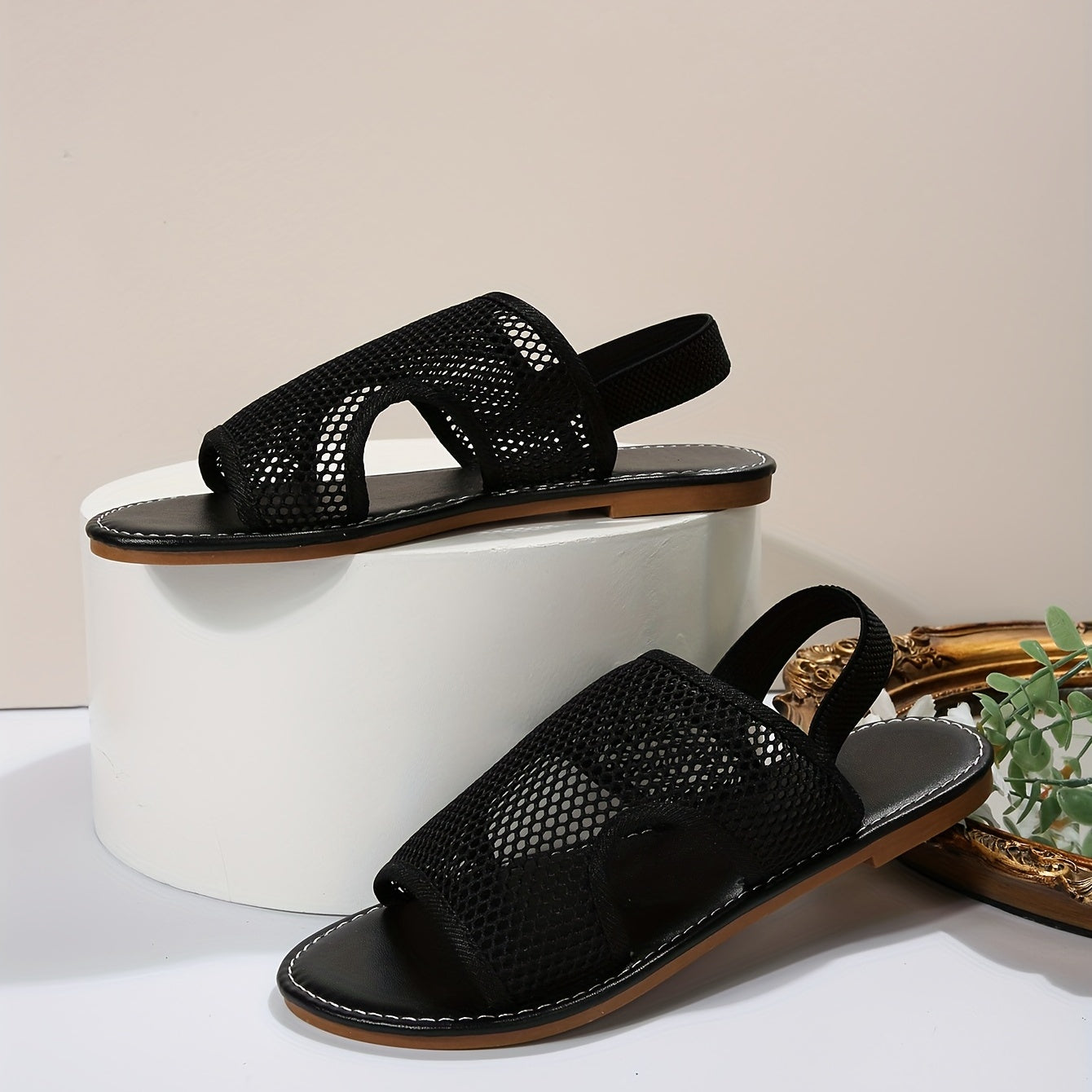 Women's Mesh Flat Sandals Open Toe Slip On Elastic Strap Casual