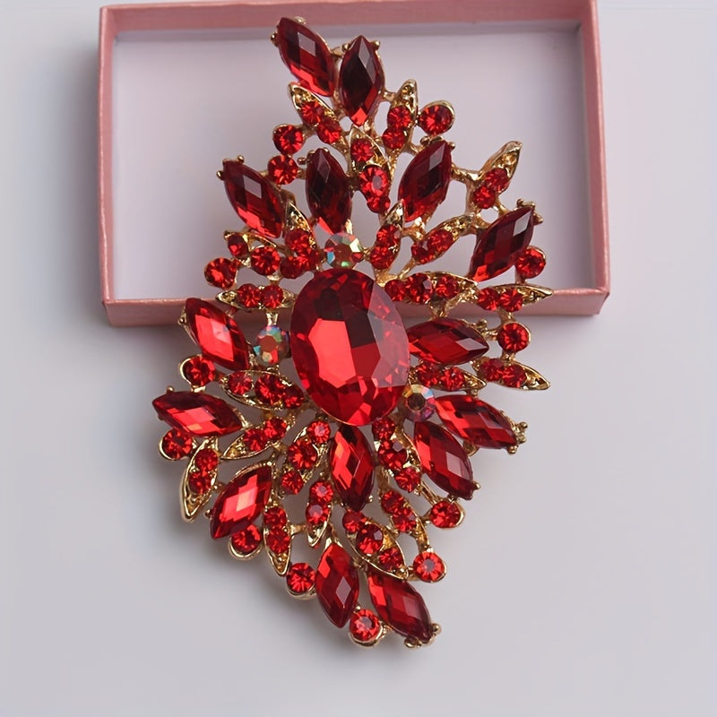 Red Crystal Glass Brooch Pin with Large Floral Design for Women