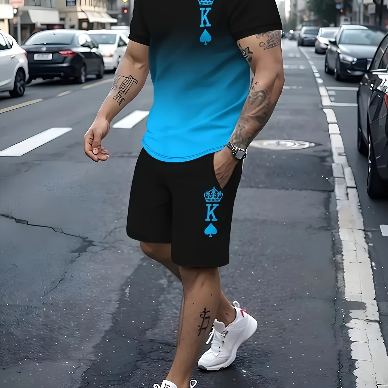 Traje deportivo casual para hombre de manga corta con estampado en toda la prenda de punto de poliéster para verano