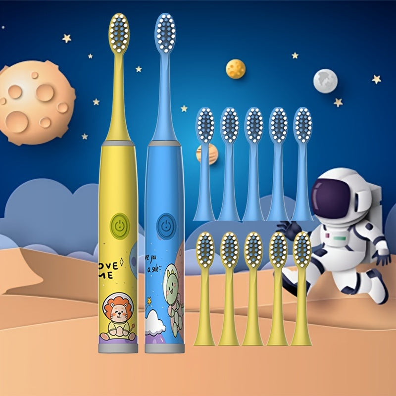 Electric Toothbrushes for Kids 3-13 with 12 Brush Heads Cartoon Space Series Battery Powered Gentle Bristles 2-Minute Timer