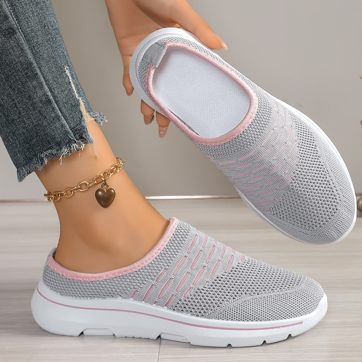 Ayollar uchun nafas oladigan trikotaj mules slip-on platform poyabzal, bej, dengiz, pushti, kulrang