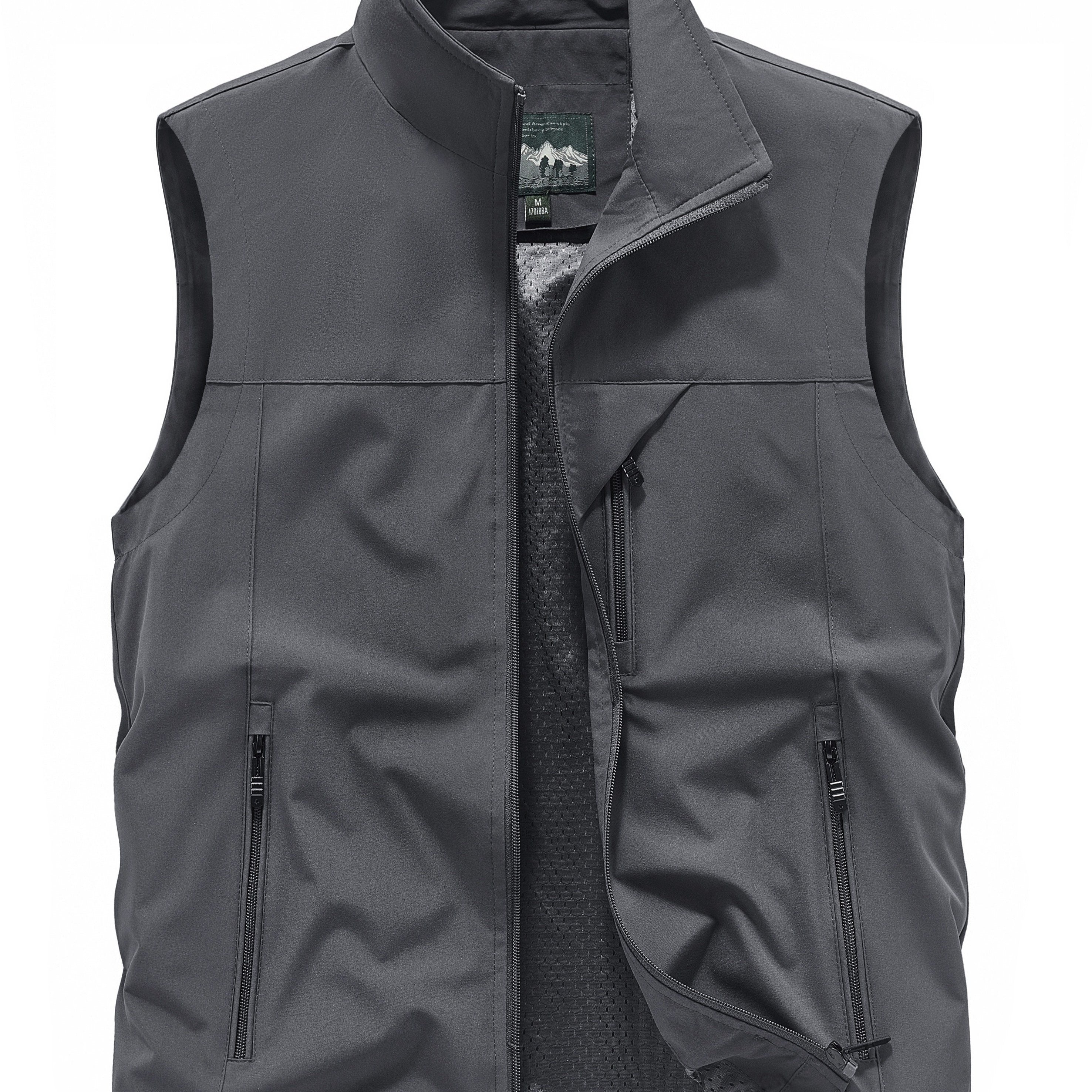 Men's Sleeveless Polyester Jacket with Zipper Pockets Stand Collar for Outdoor Activities