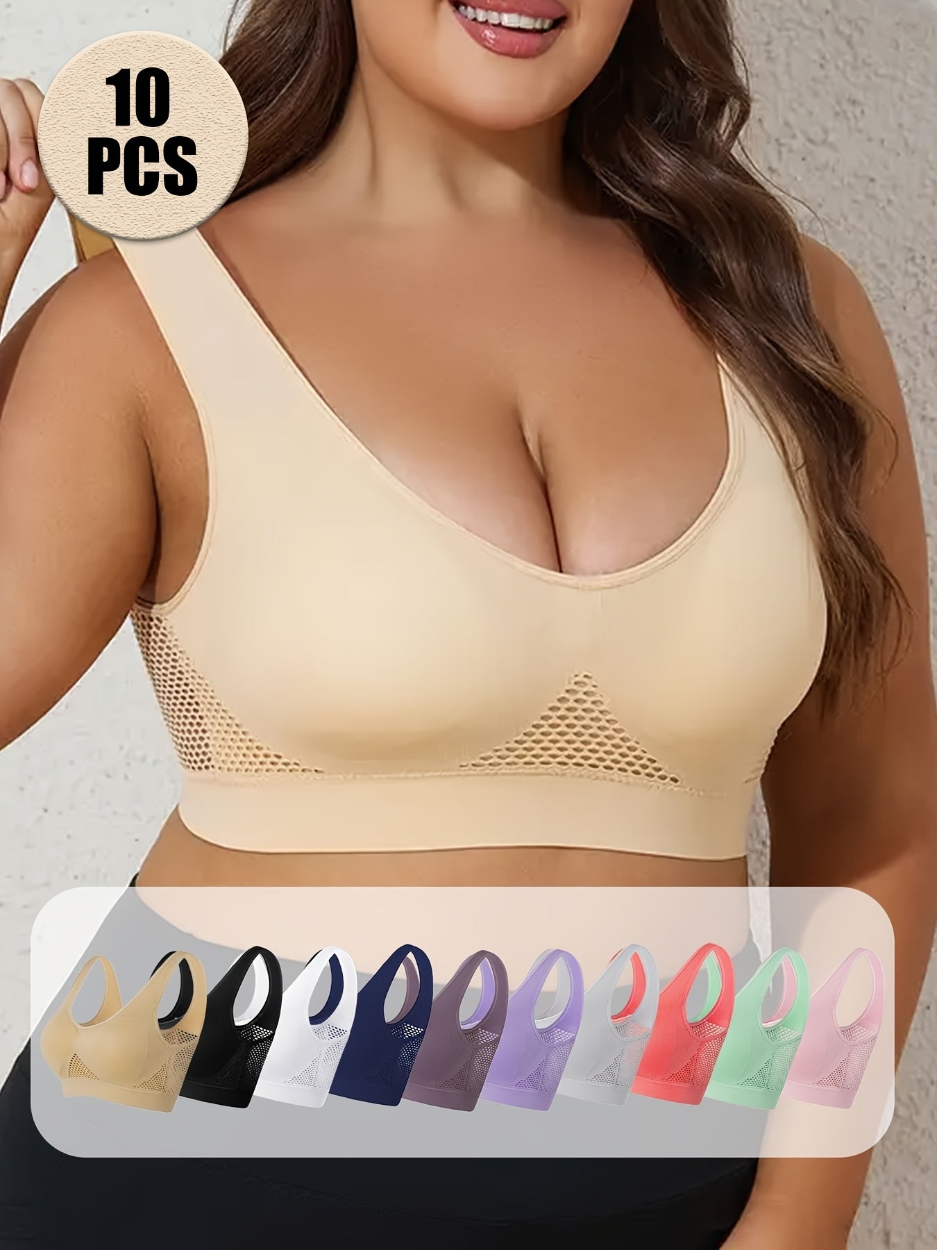 Plus Size Women’s High Support Wire-Free Sports Bras Pack of 10 Padded Mesh Workout Bras