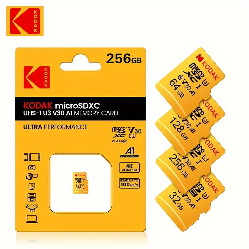 KODAK MicroSDXC xotira kartasi yuqori tezlikda 4K video yozish uchun, 64GB/128GB/32GB o'lchamlarida mavjud. Ultra ishlash, batareya talab qilinmaydi.