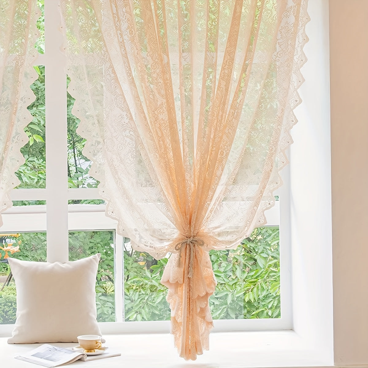 Cortina de tubo con flores pequeñas, con cuentas y encaje para cocina, dormitorio, sala de estar