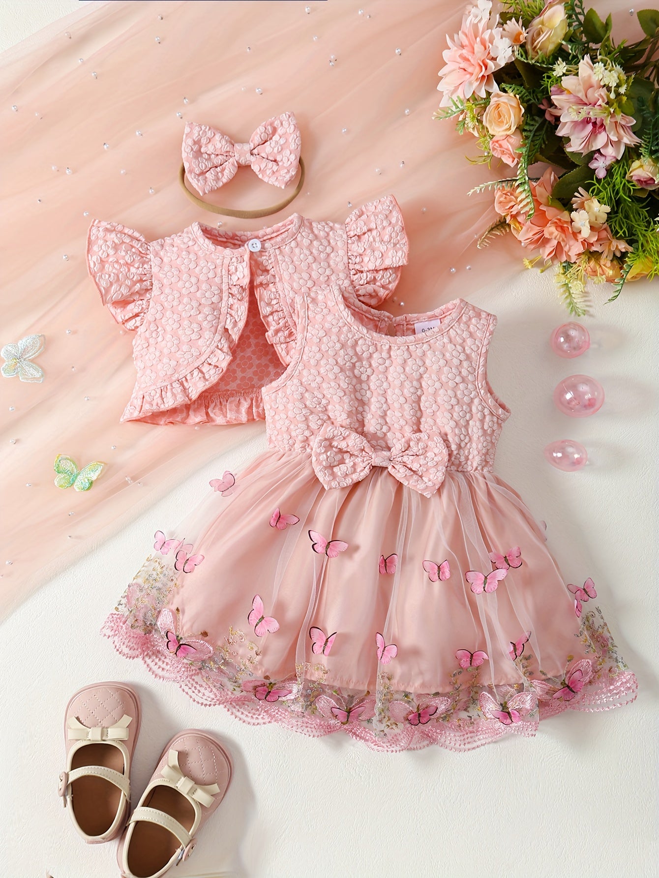 Girls Summer Outfit Set with Pink Butterfly Embroidered Tulle Dress and Crop Top