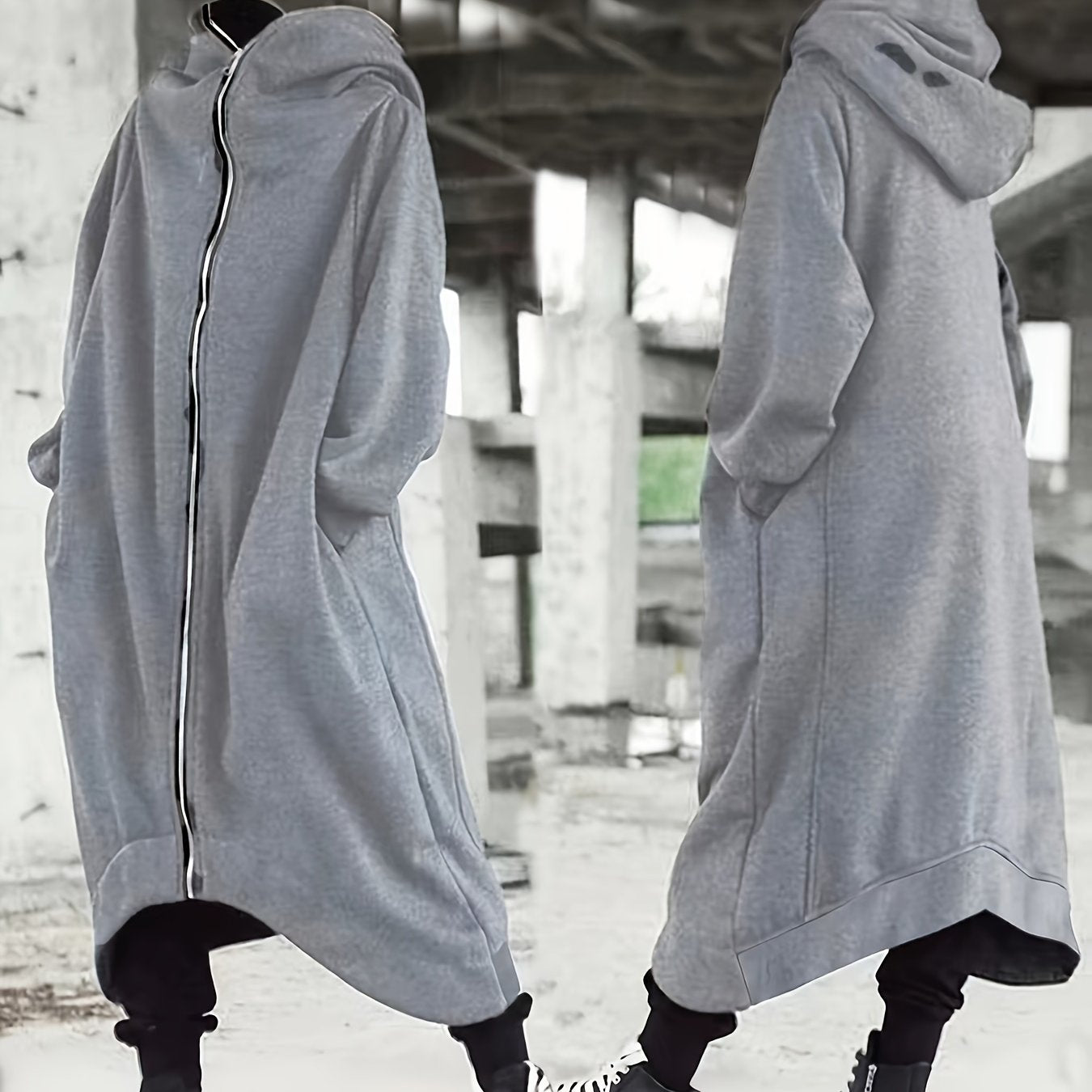 Women's Black Oversized Hoodie with Full Zip and Front Pockets for Fall Winter Casual Style