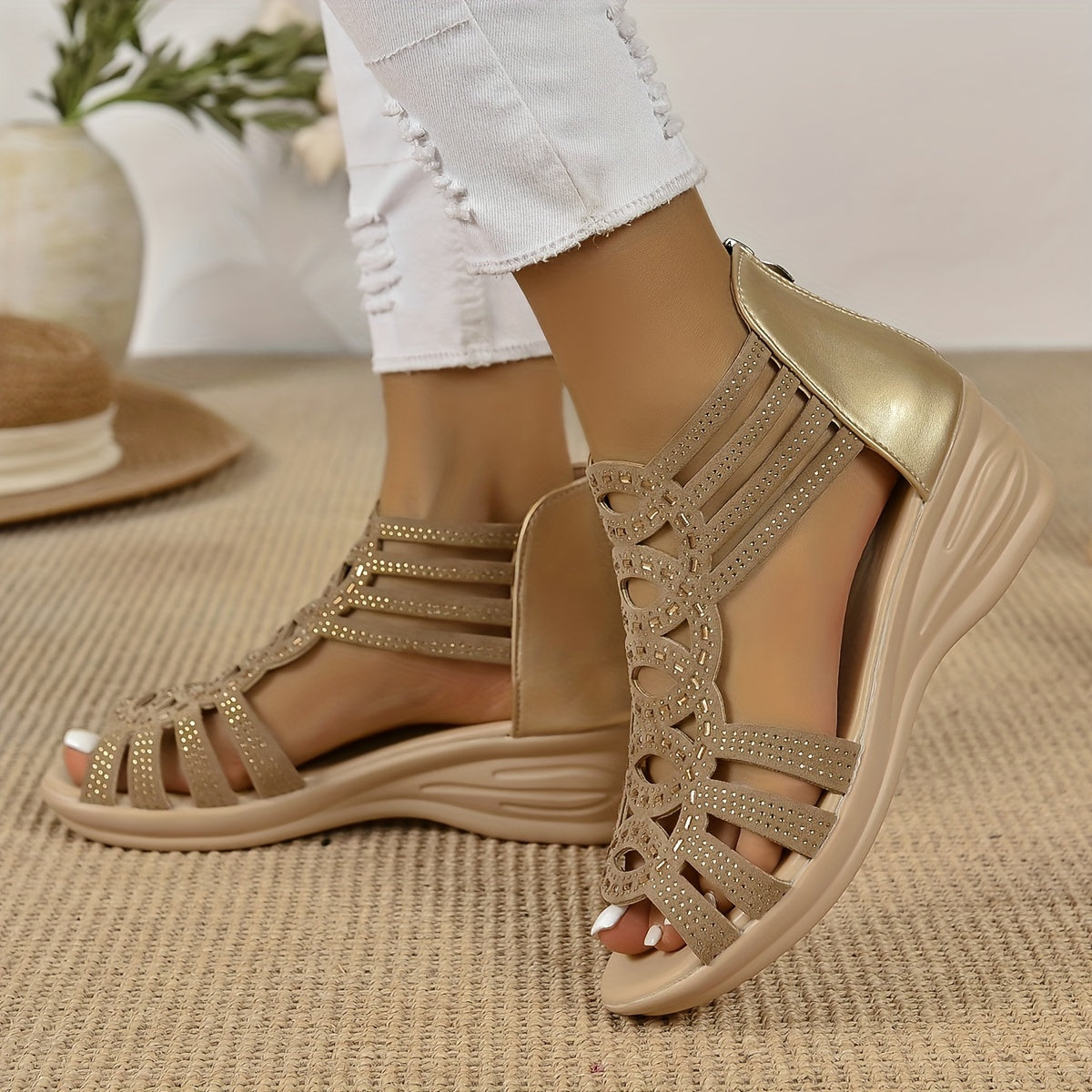 Women's Black Rhinestone Wedge Sandals with Peep Toe Ankle Strap Platform Heel