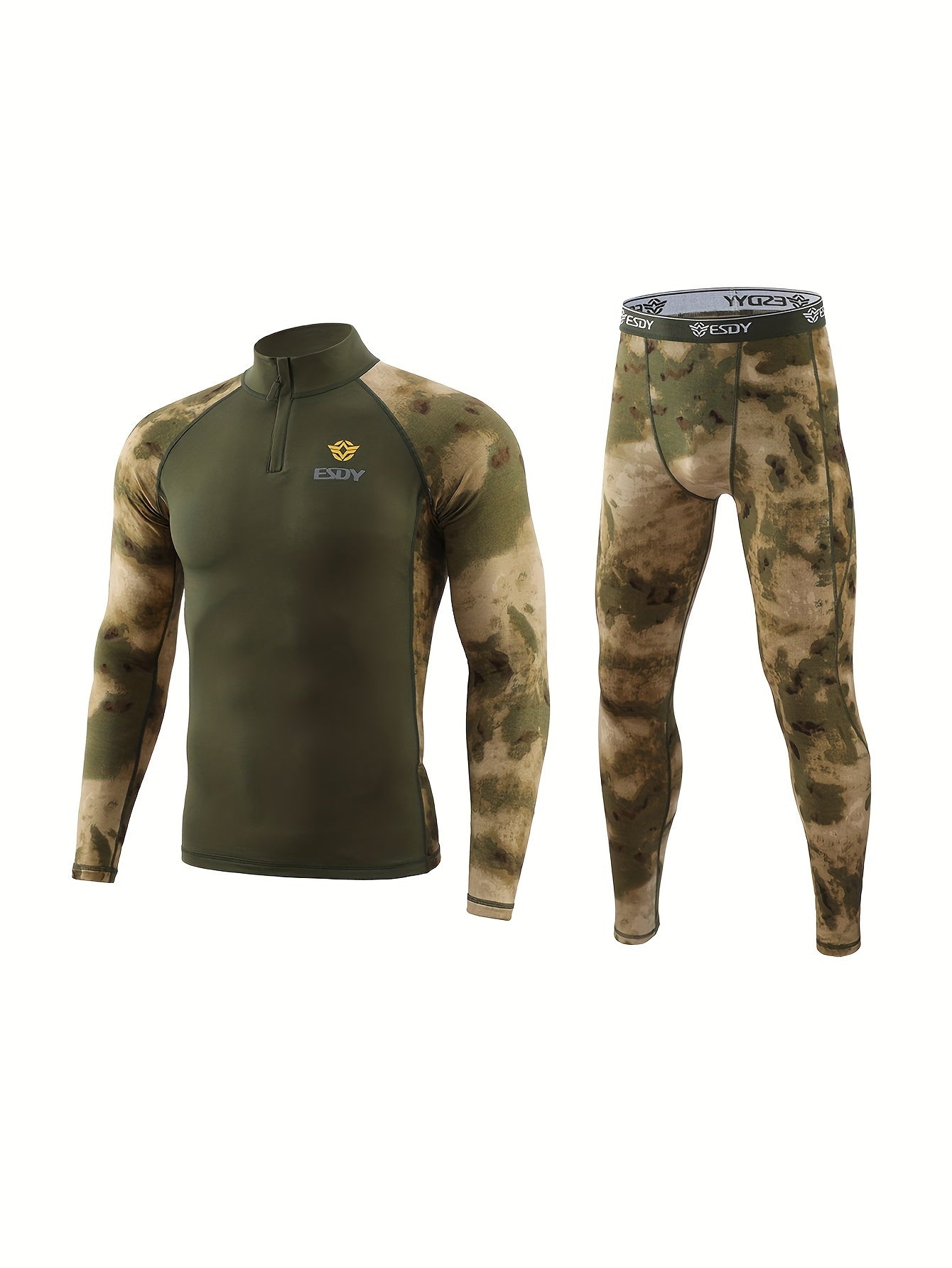 ESDY erkaklar uchun Combat Shirt va Camo Leggings to'plami yuqori cho'ziluvchan tikuv mato bilan zippersi bilan. Tor fit, uzun qo'l, 90% polyester va 10% spandexdan tayyorlangan. Sayohat va ochiq havoda foydalanish uchun ideal.