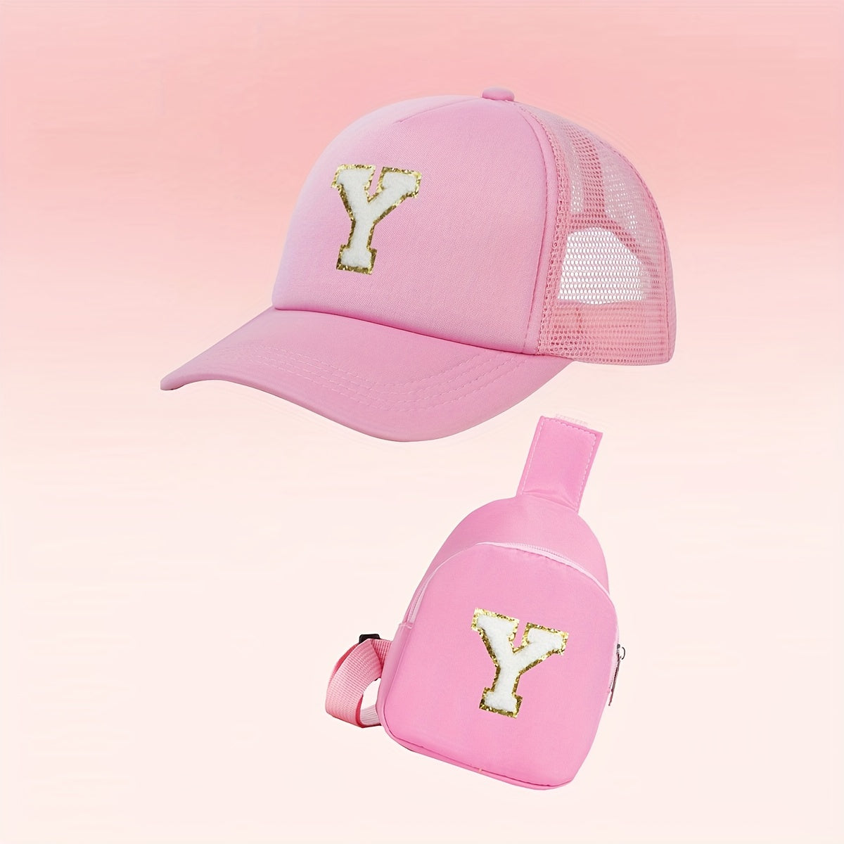 Girls Alphabet-Themed 2-Piece Baseball Cap and Bag Set Polyester Breathable Fitted for Ages 3-14
