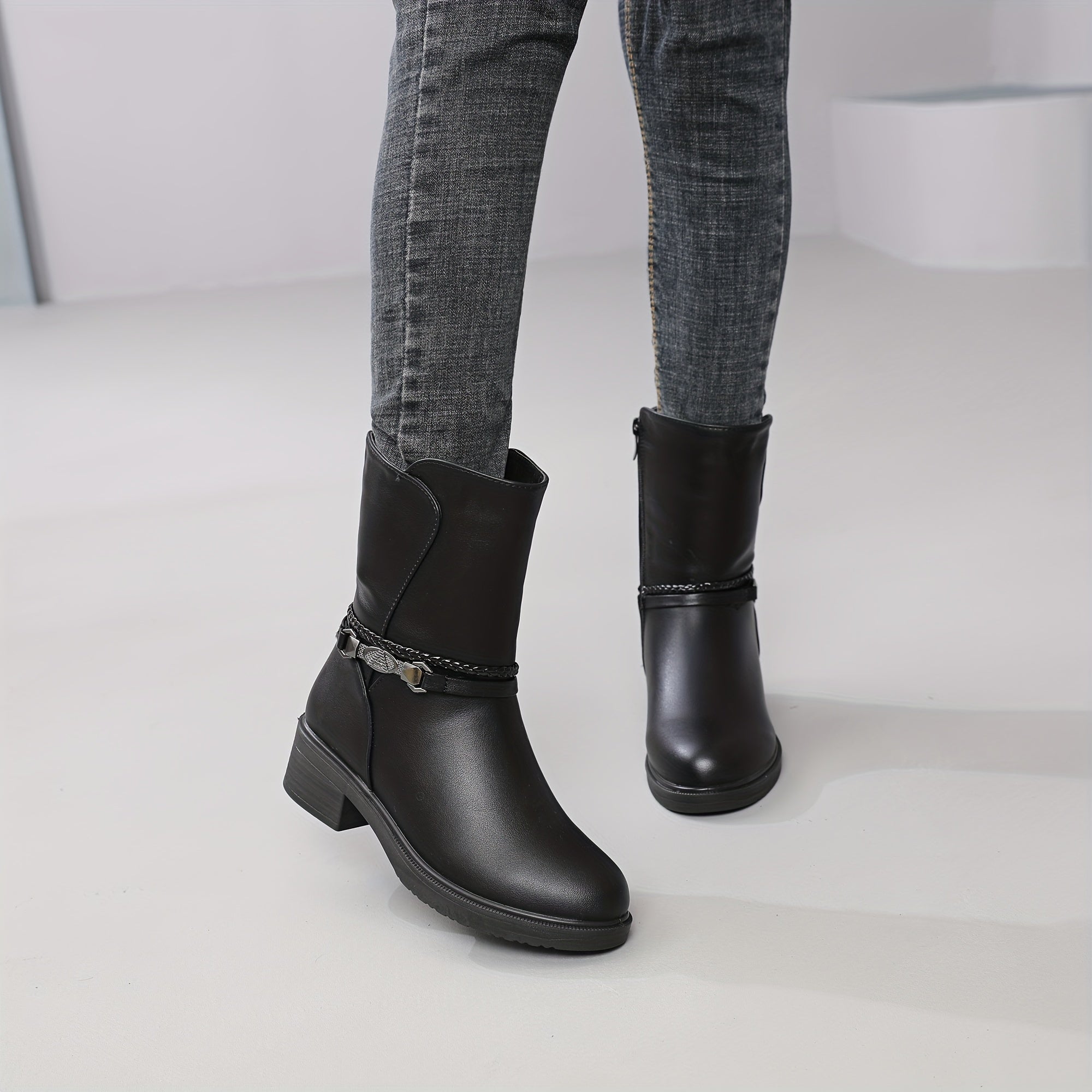 Women's Winter Boots Faux Cover Upper Slip-Resistant Mid-Heel Black