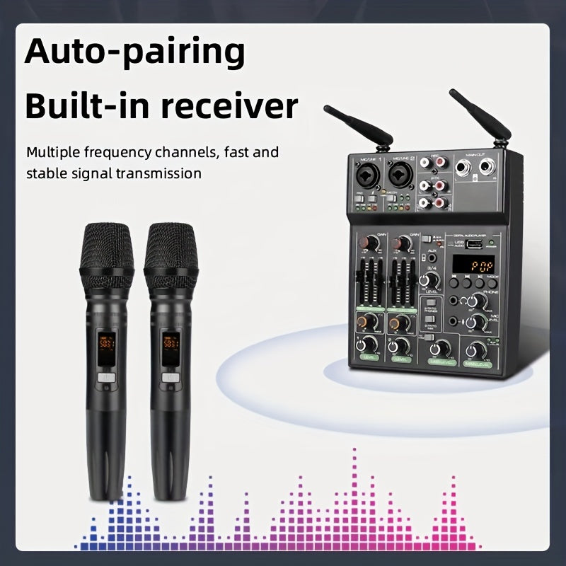 UHF mikrofon tizimi bilan 4-kanalli audio mikser, USB bilan quvvatlanadigan alloy qora, sahna, karaoke, jonli chiqishlar uchun