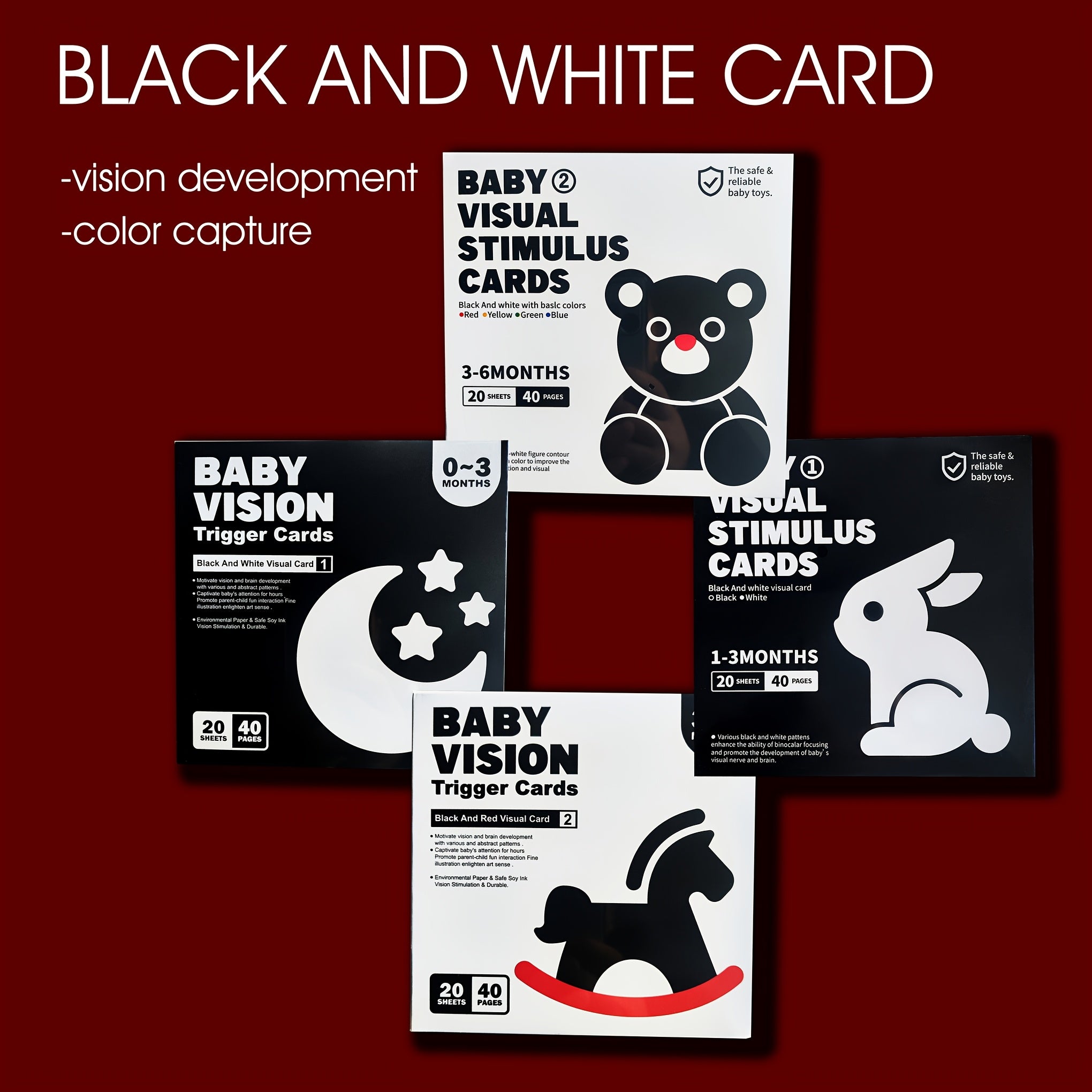 Baby Visual Stimulation Cards for Brain Development Black and White Red 40 Pages