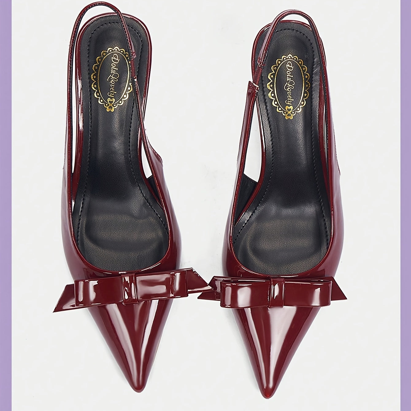 Women's Burgundy Mid-Heel Shoes with Adjustable Bow Straps, Glossy PVC Upper