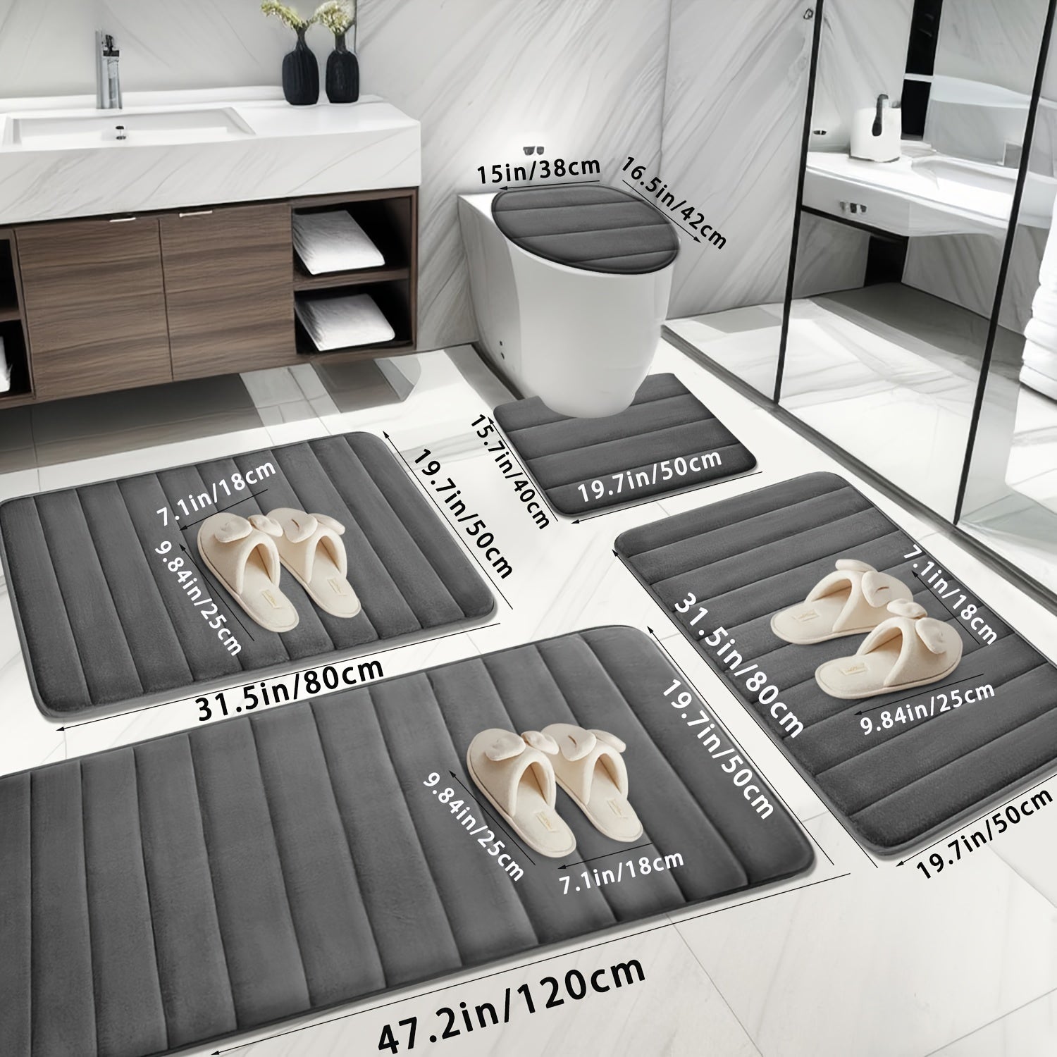 Набор из 5 ковриков для ванной из памяти с нескользящей, впитывающей мягкой полиэстеровой тканью в черном, сером, синем и коричневом цветах