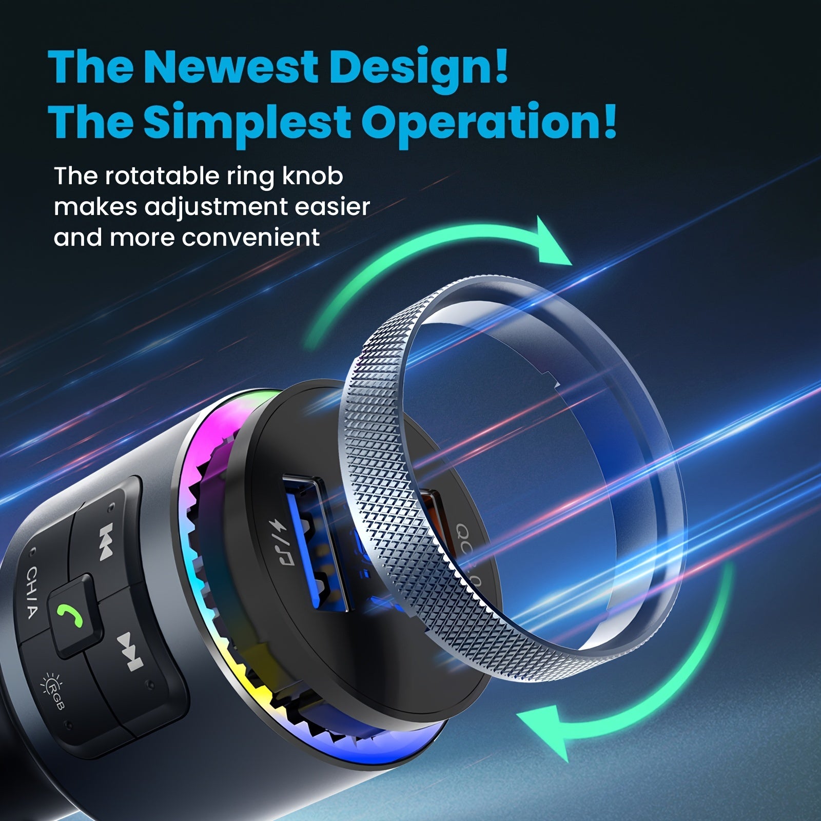 Wireless FM Transmitter Car Adapter with QC3.0 Hands-Free Calls LED Backlit