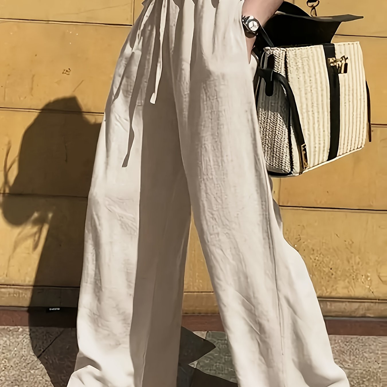 Women’s Lightweight Casual Pants with Drawstring Waist Beige Straight-Leg All-Season