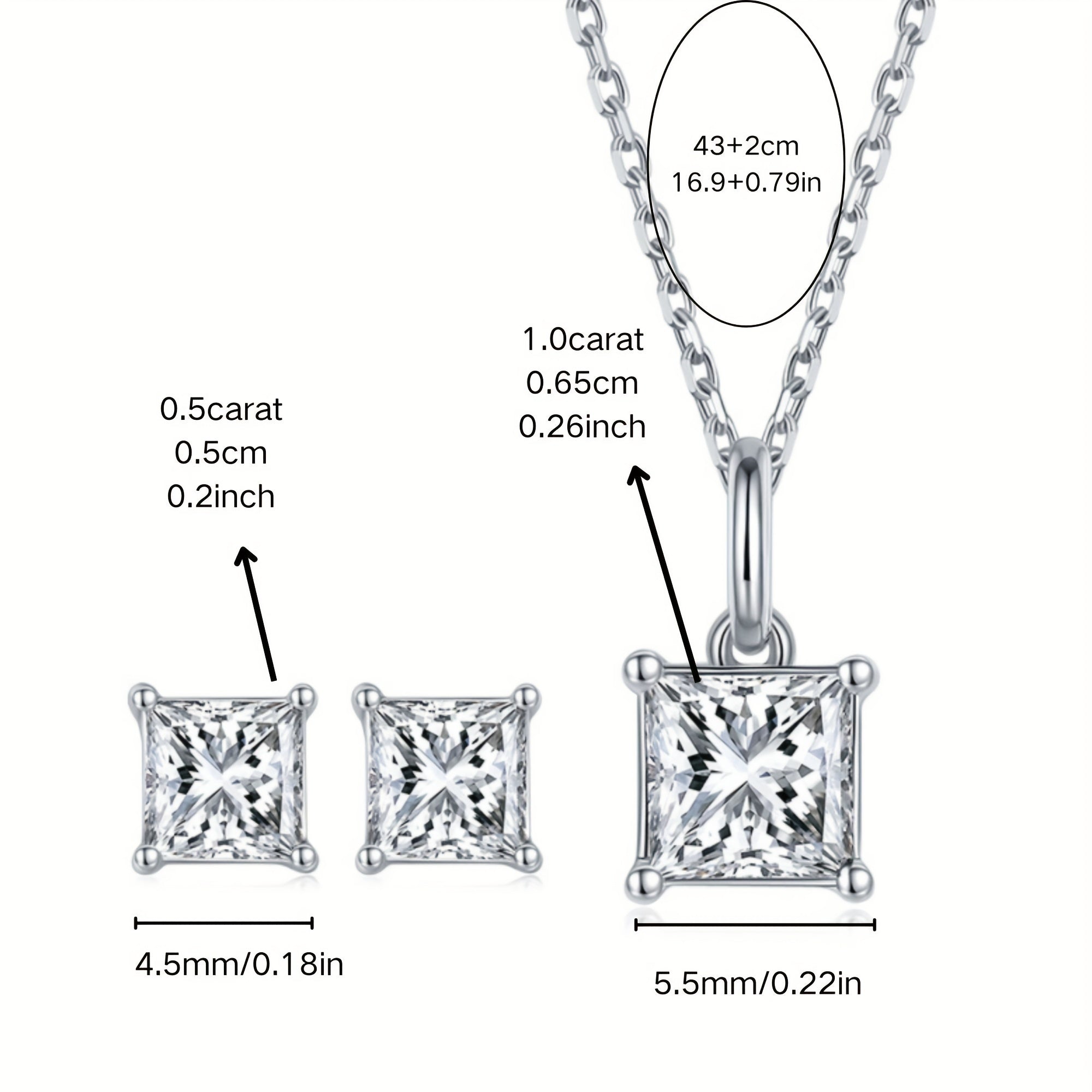 Sterling Silver Moissanite Jewelry Set Square Pendant Stud Earrings Wedding Birthday Gift