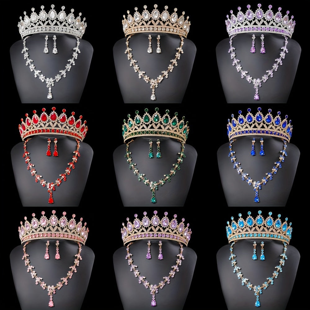 Elegant Rhinestone Queen Tiara and Jewelry Set with Necklace and Earrings for Weddings and Events
