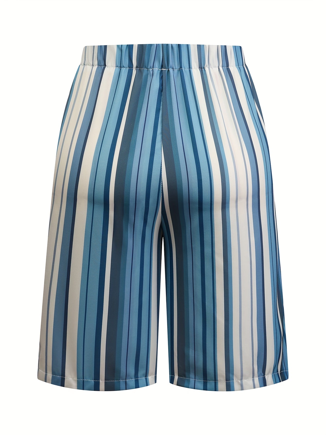 Women's Plus Size Non-Stretch Navy and White Striped Casual Mid-Pants