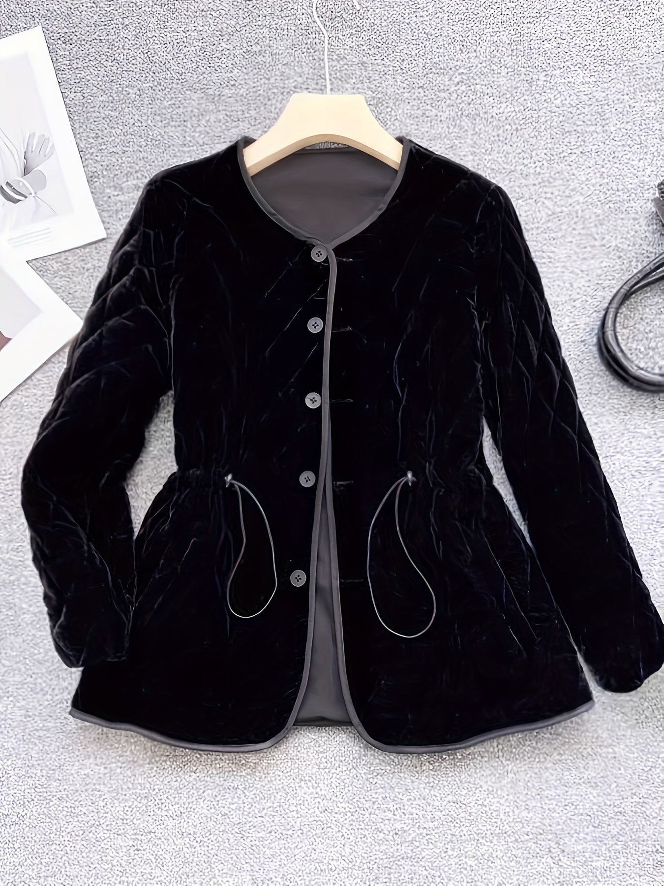 Women's Black Velvet Jacket with Waist-Cinching, Button Front, Tie Details for Spring Fall