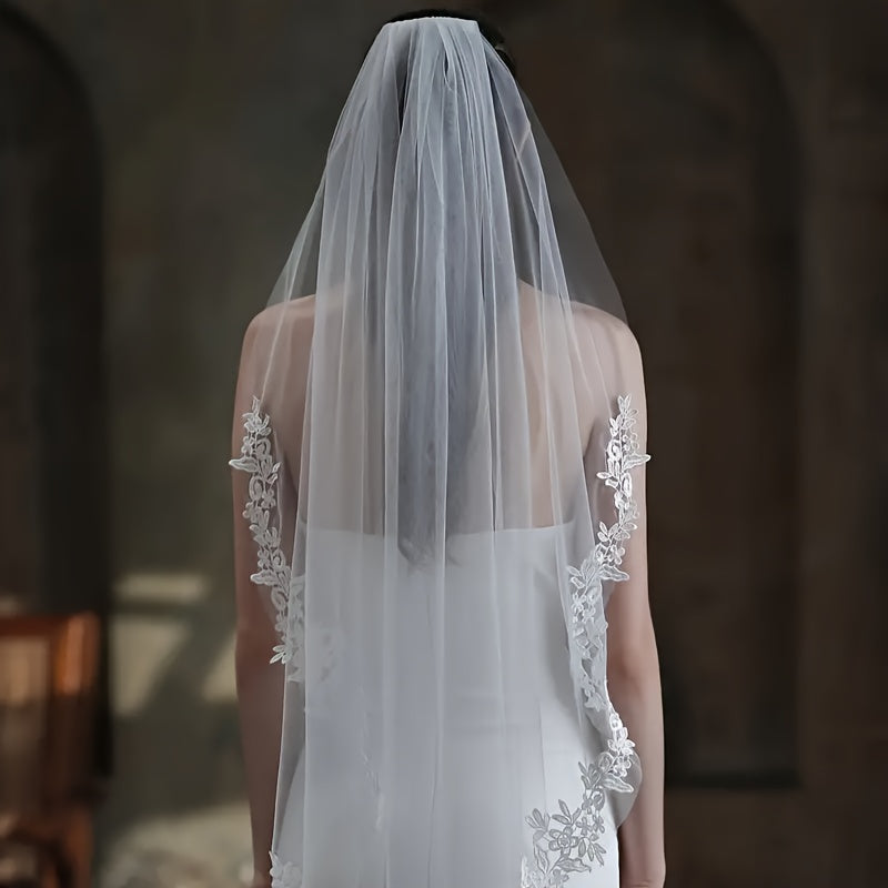 Velo de novia con bordado de encaje, poliéster y spandex, diseño floral romántico