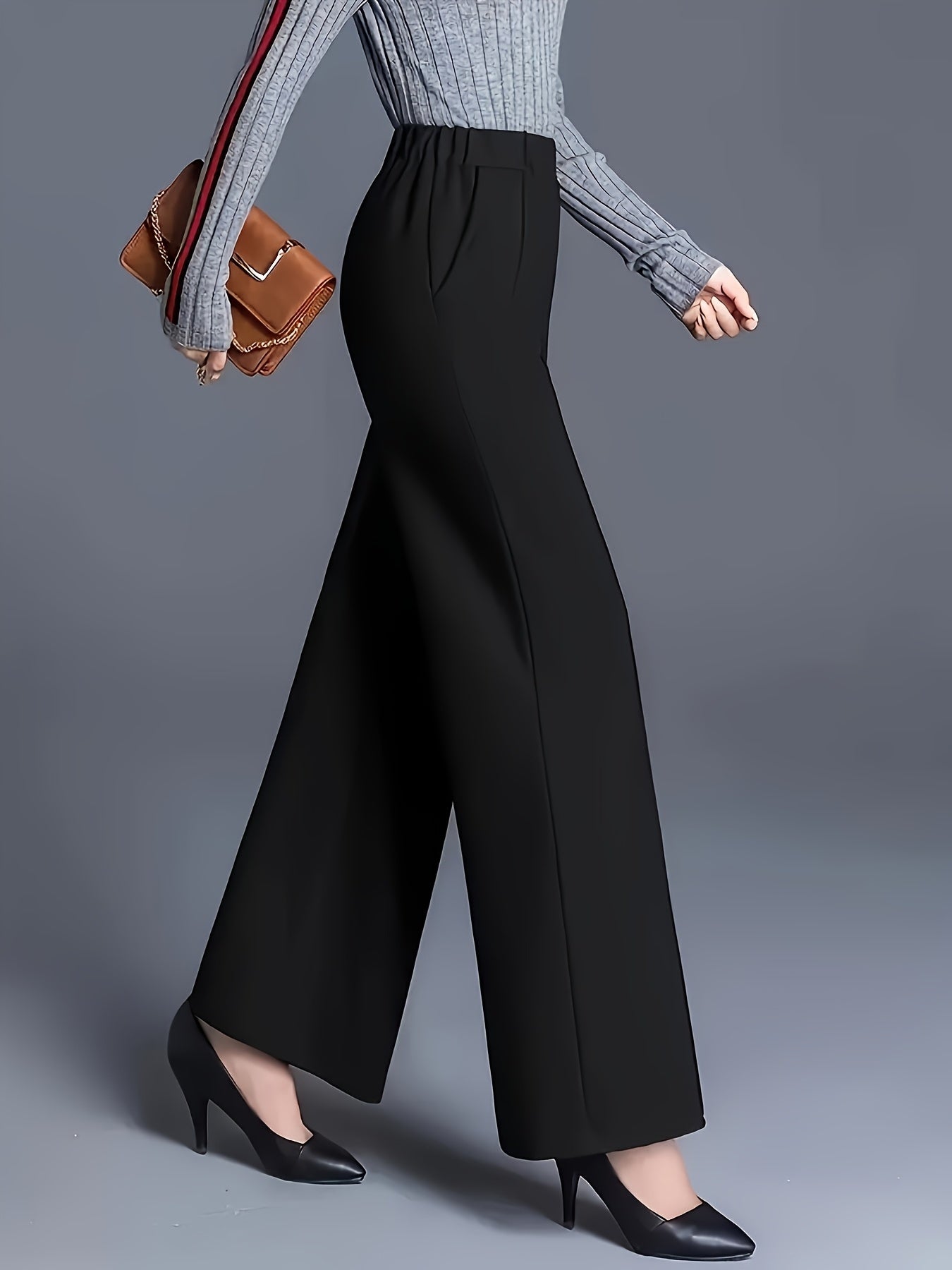 Women's Black High-Waist Straight Leg Pants Polyester Blend Spring Summer Casual Office Wear