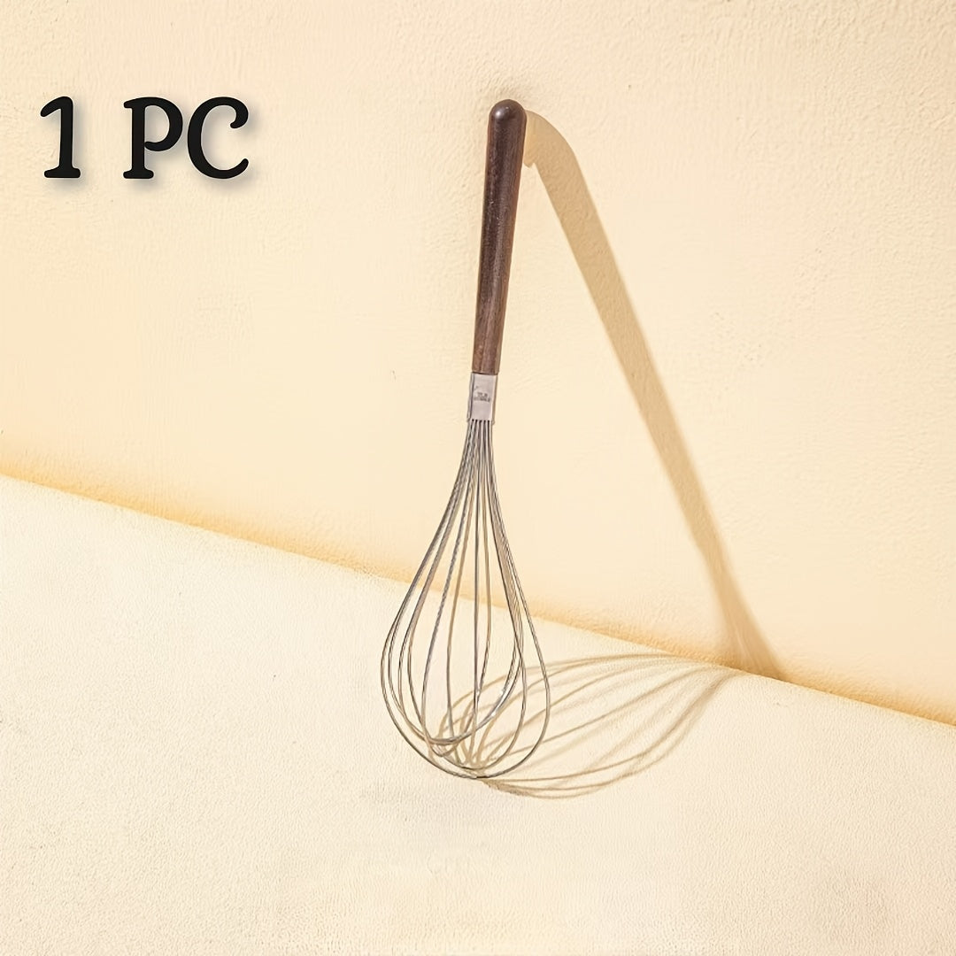 Batidor de huevos de mano de acero inoxidable con mango de madera para hornear