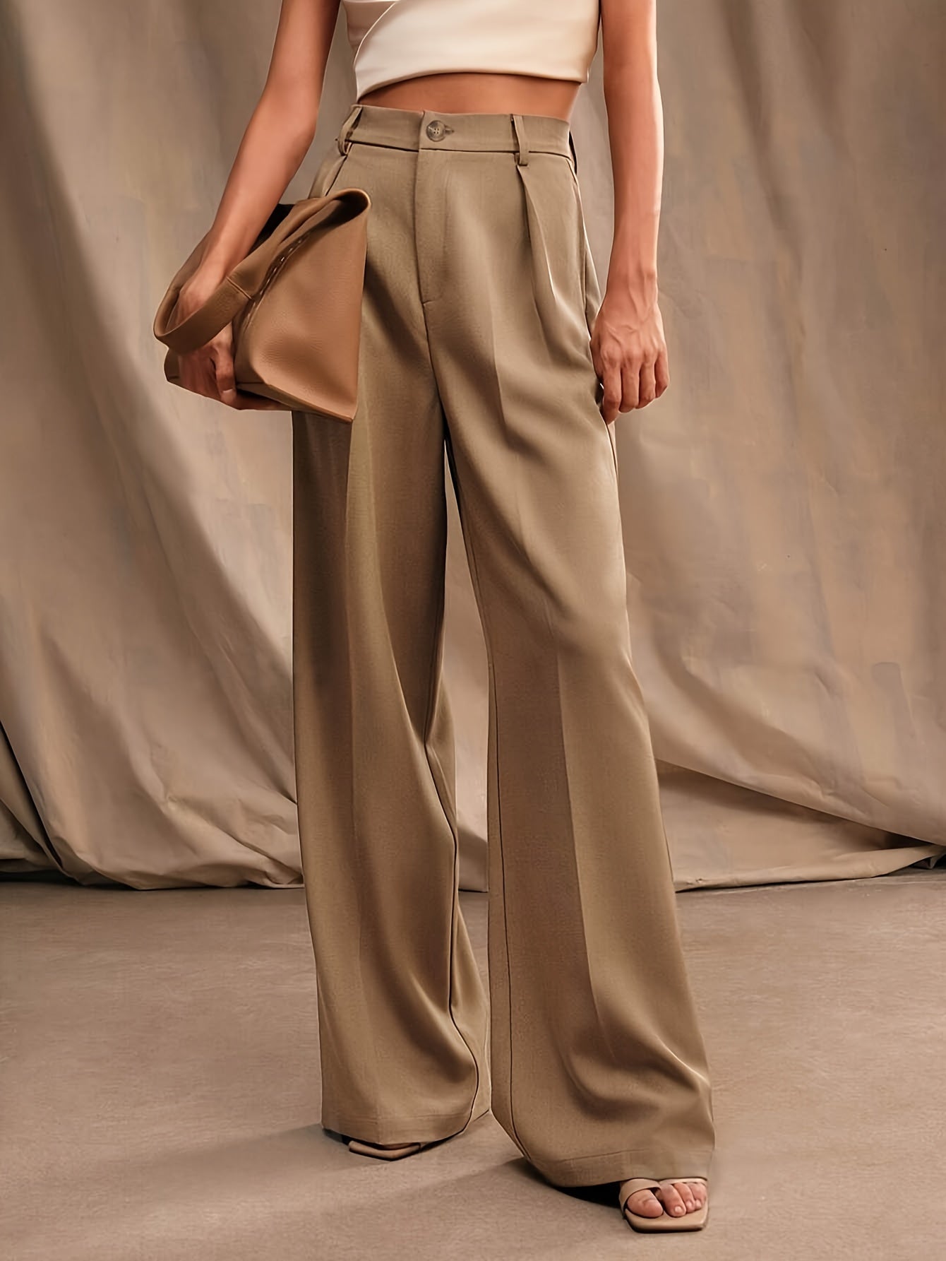 Keng oyoq yuqori bel ayollar shimlari, nafis dizayn, bir rangda, bahor va kuz uchun mos, mashinada yuvish mumkin.