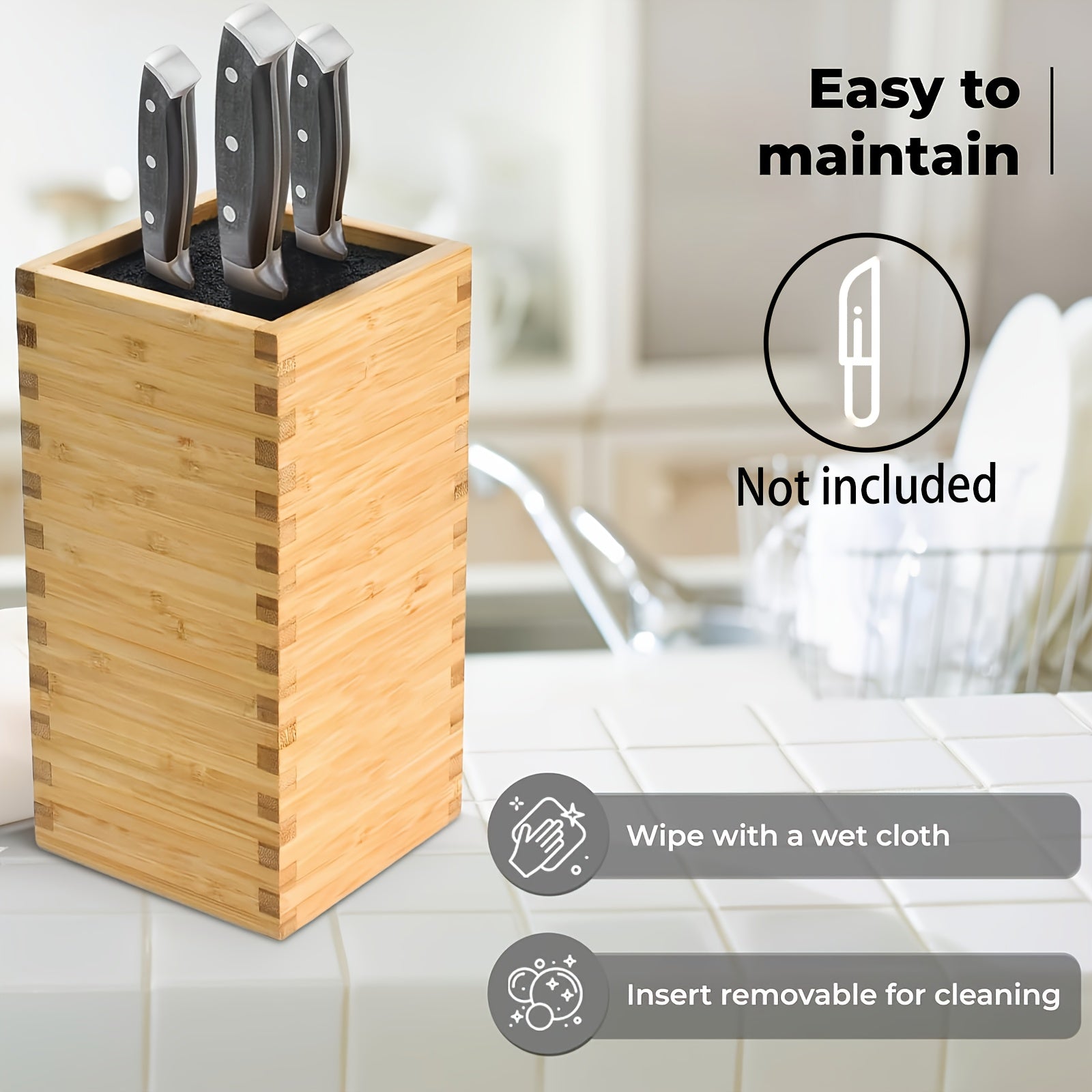 Bamboo Knife Block for Kitchen Countertop with Anti-Slip Base, Holds All Blades